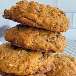 a batch of healthy oatmeal raisin cookies made up of healthy oatmeal, raisins, honey, and other ingredients