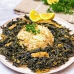 A plate of mloukhieh with Vermicelli rice decorated with lemon slices