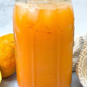 a big mug of natural juice served with ice cubes