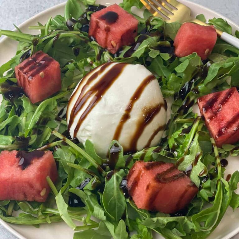 tangy sweet savory burrata arugula watermelon salad