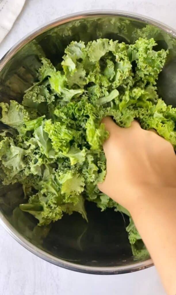 A Kale Salad with a Dijon vinaigrette dressing topped over kale, cranberries, pecans, and strawberries for a delicious and easy salad.