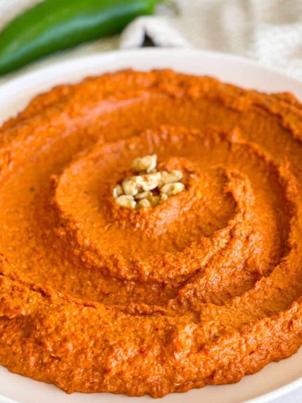 A plate of fresh muhammara garnished with nuts in the center of the plate.