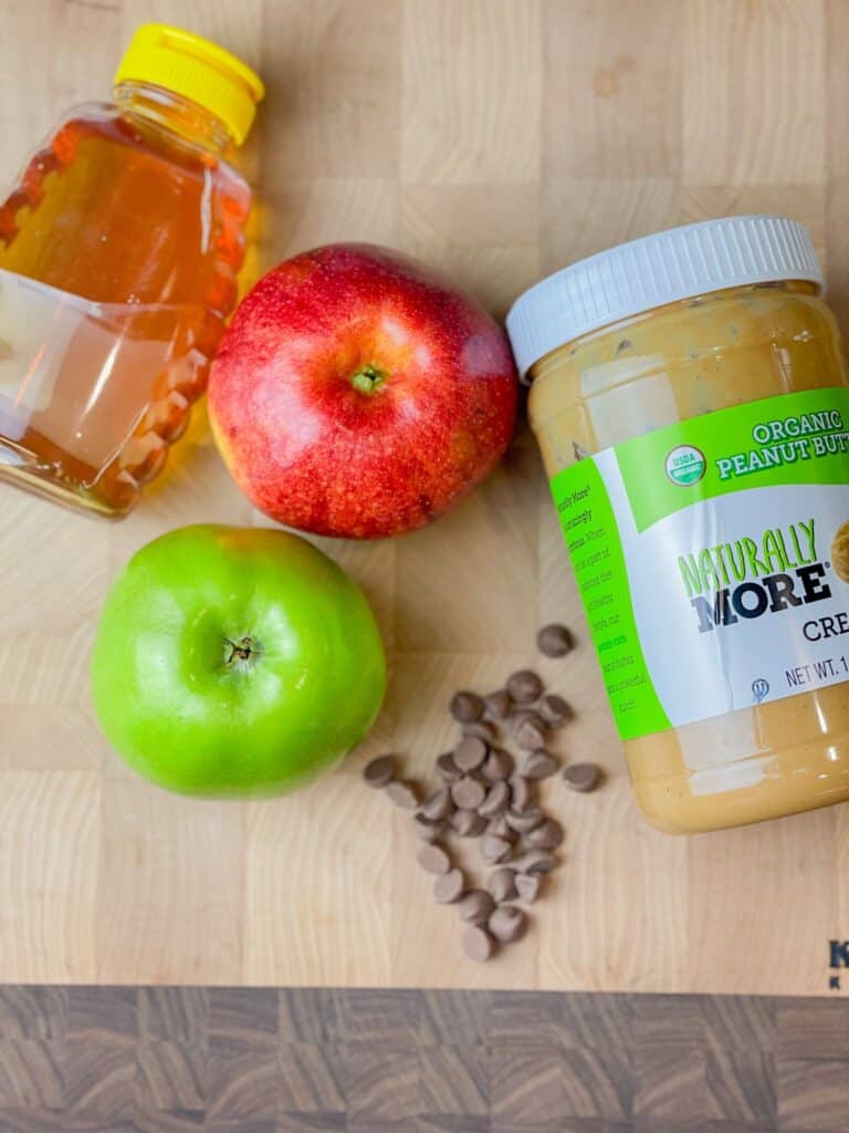 For the best apple nachos, use apple, honey, and organic peanut butter! 
