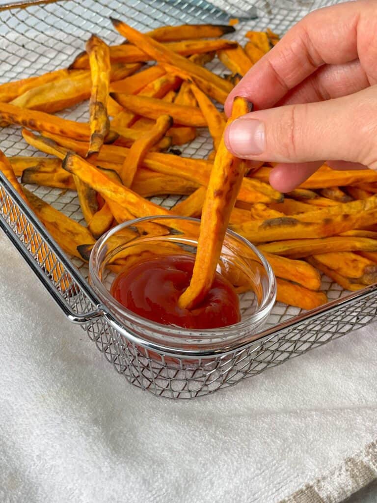 These golden crunchy Air fried sweet potato fries are best enjoyed with a smoky dip!
