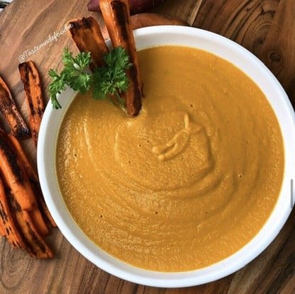 This Savory Carrot and Sweet Potato Thai soup is made from fresh vegetables and spices. It is perfect for a cold winter day.