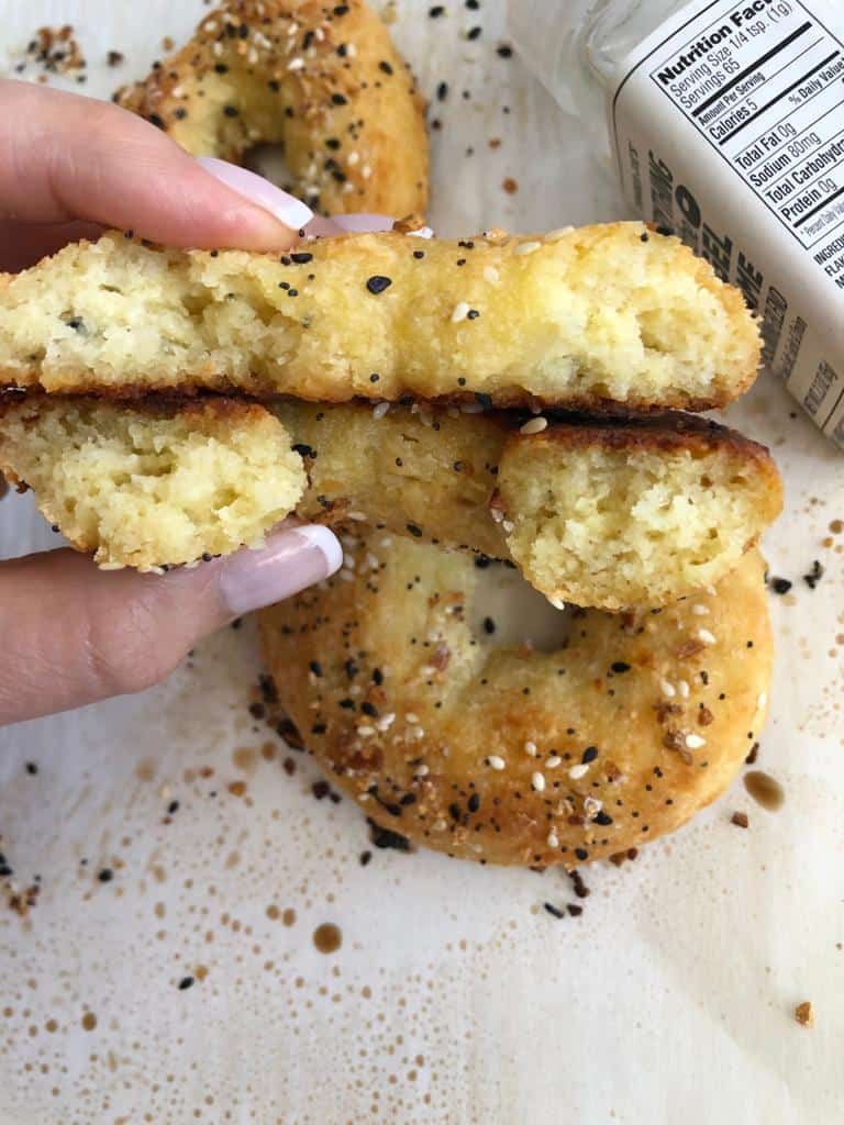 This homemade low carb bagel recipe is soft, chewy, and delicious. It can be served with a variety of fillings like cream cheese, jam, or ham.