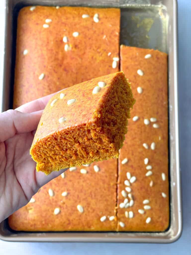 This Lebanese Curcuma cake recipe introduces an egg-free vegan-friendly bite engulfing a vibrant yellow color, subtle sweet earthy flavor, and a chewy texture. 