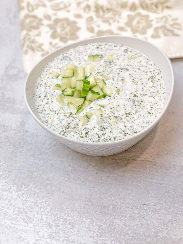 This easy and delicious cucumber-yogurt mint garlic salad is quick to prepare, needs only simple ingredients, and it can be served with so many other dishes!