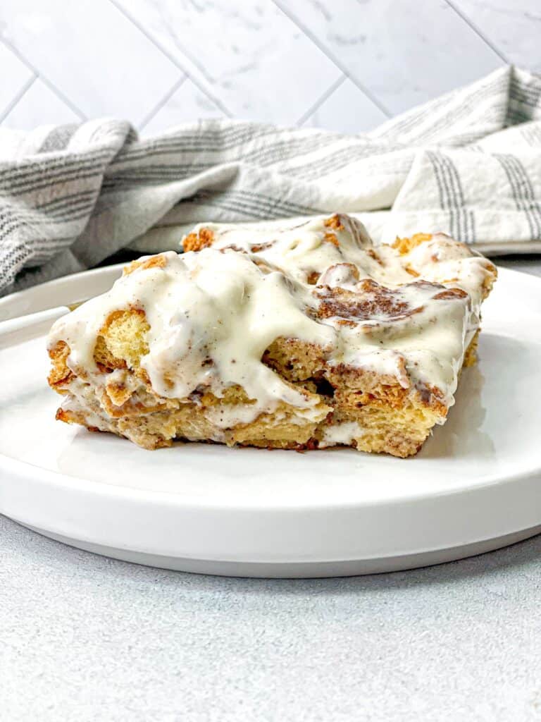 A brioche bread infused with a sugary cinnamon mix of eggs, milk, sugar, and vanilla, topped with a smooth and creamy layer of homemade frosting! 