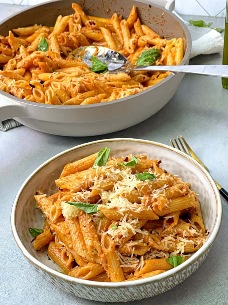 The hearty and popular viral Gigi Hadid Alla Vodka Pasta recipe with extra spice, topped with parmesan and fresh basil