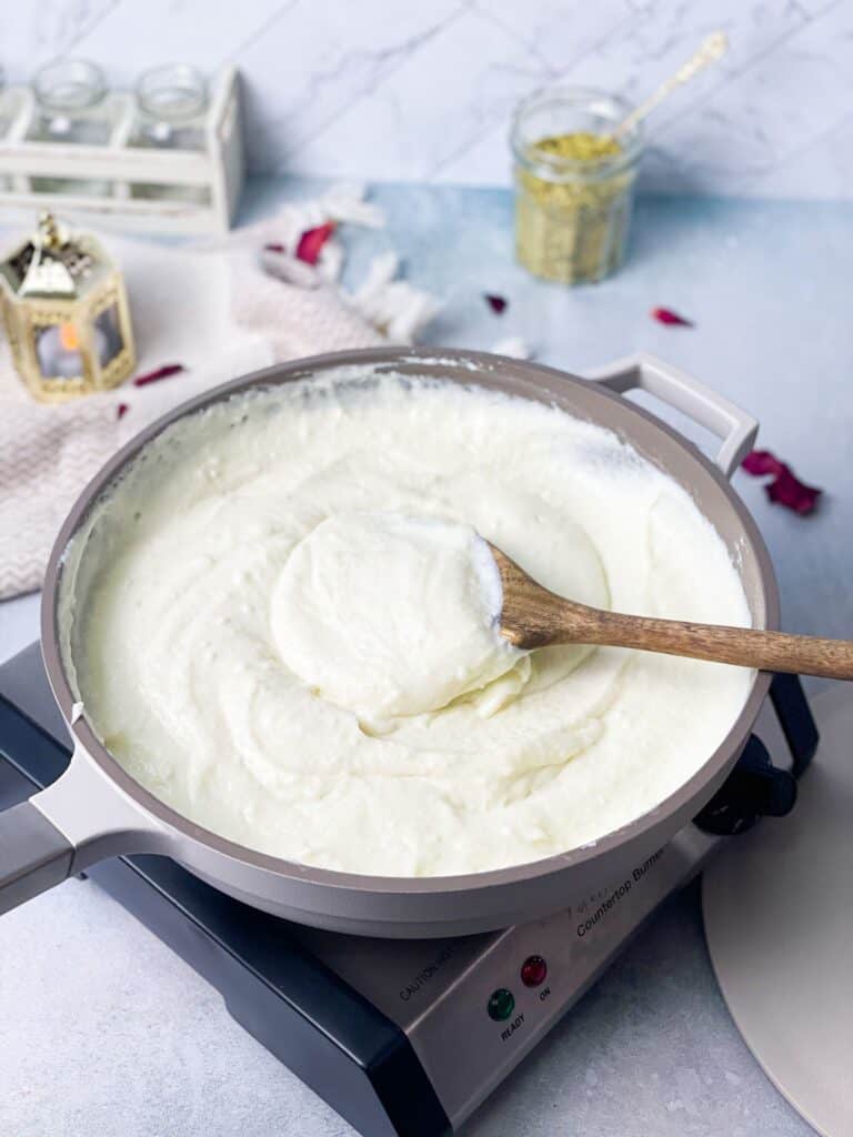 Ashta is a luxuriously rich and creamy, thick-clotted cream. It is perfectly done in The Pan from Perco.