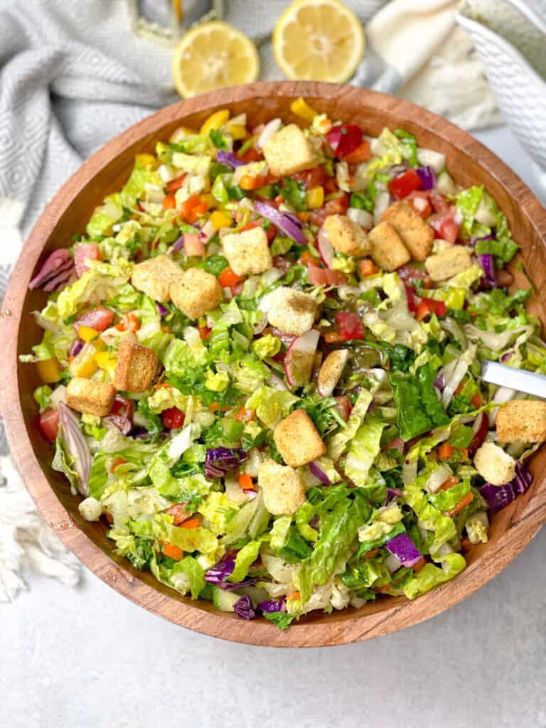 A medley of colors in a bowl! Choose the veggies that you like, chop them, and our tart savory dressing. Spread some crunchy croutons to take it to the next level.