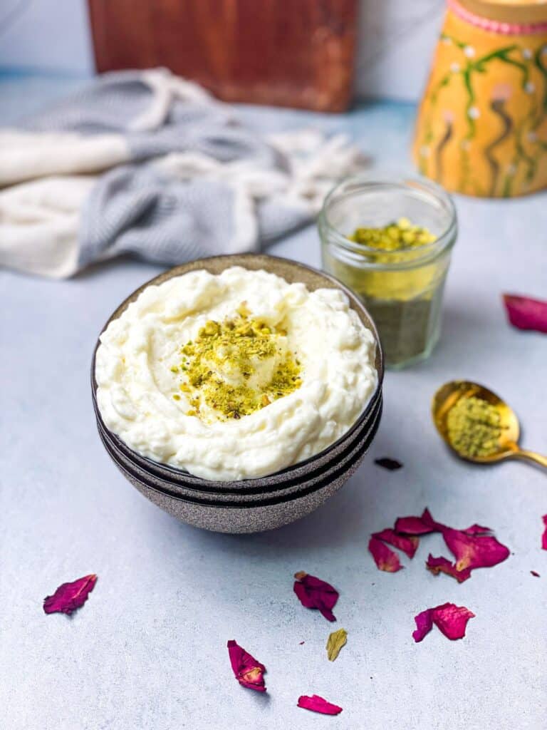 A Luxurious bowl of creamy ashta and grounded pistachio will wow your guests.