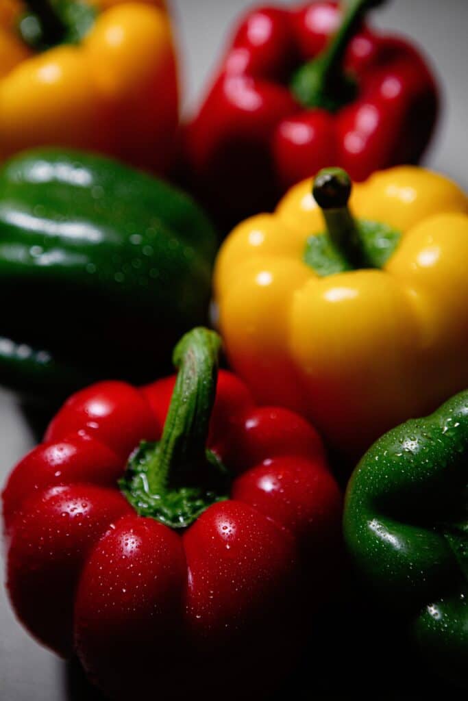 green, yellow, and red bell peppers