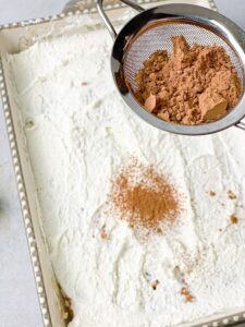 Cocoa powder sprinkled on top of no bake Nescafé cake.