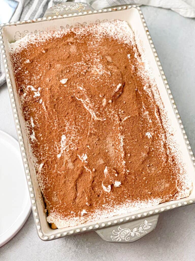 Cold Nescafé cake topped with cocoa powder.