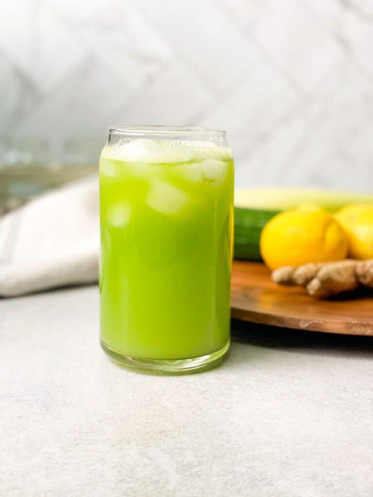 This Cucumber Celery Detox Juice presents a mix of celery, cucumber, lemon, and ginger.