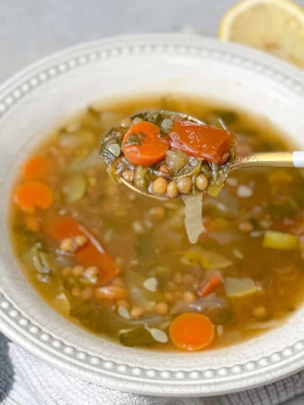 A bowl of vegan lentil and squash soup.