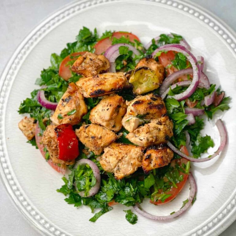 popular flavorful shish tawook with salad