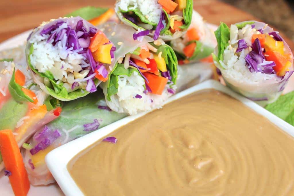 Yummy Spring Rolls served with a smooth peanut butter dipping sauce