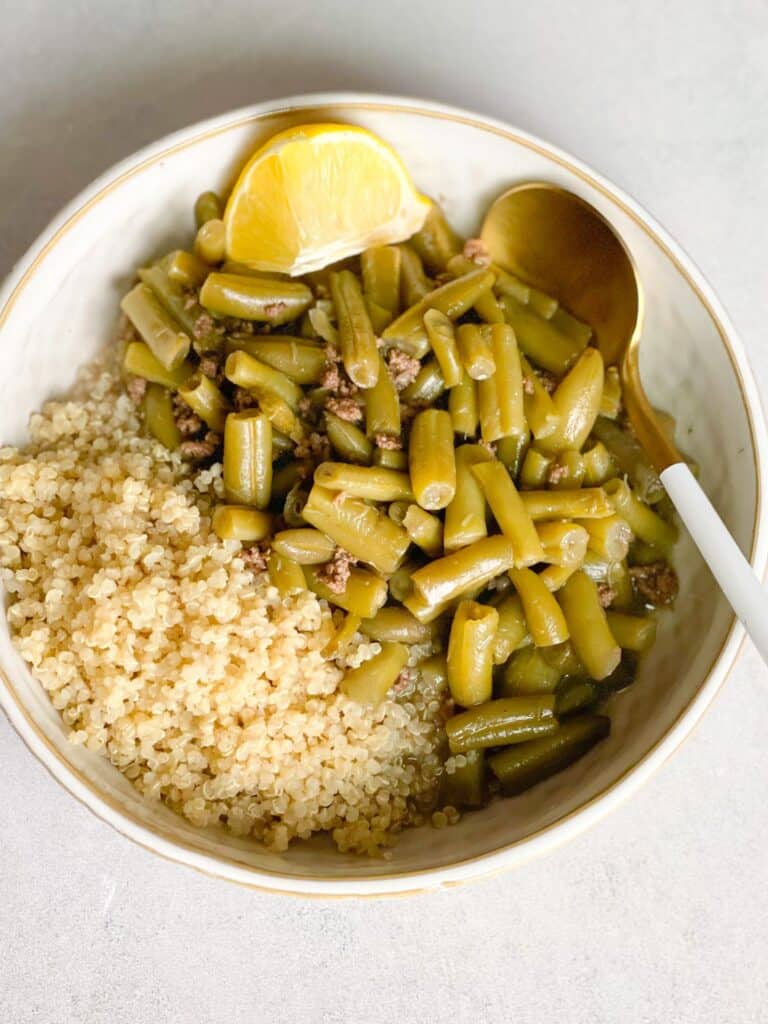 hearty green bean stew with minced beef and quinoa.