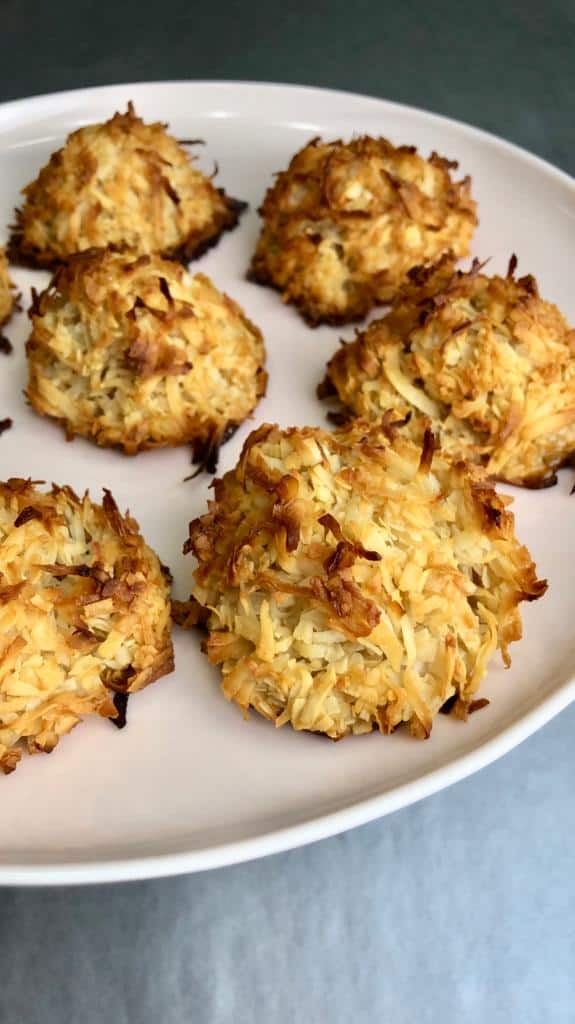 These fresh coconut macaroons are made from shredded coconut, egg whites, honey, and vanilla extract.