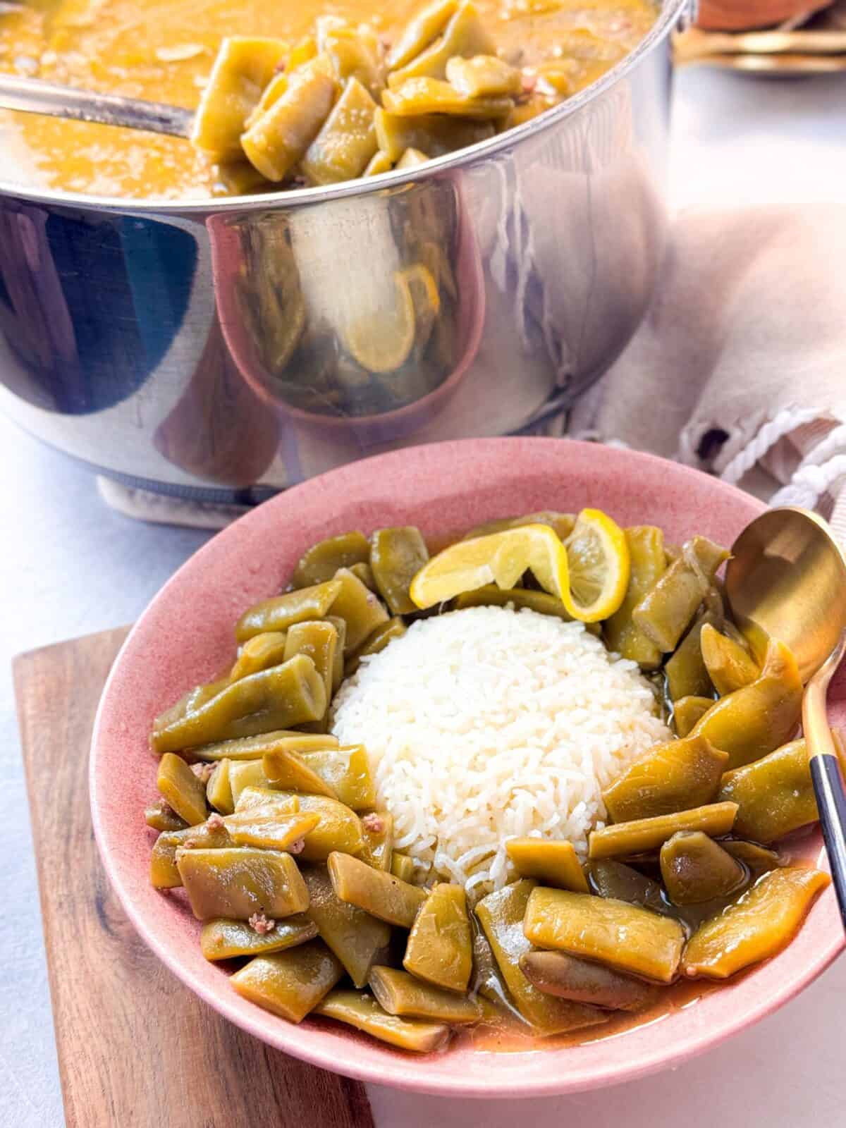 Green Bean Stew Recipe one pot and one dish of Lebanese green bean and beef stew served with white rice (loubieh b lahme)