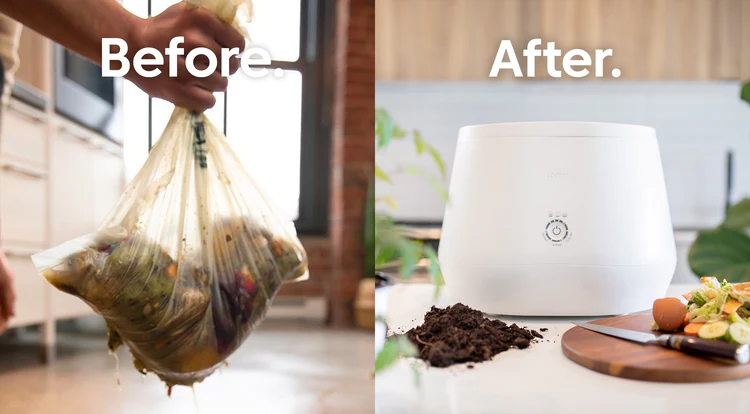The lomi composter transforms 80% of your food and kitchen waste into dirt for your garden or green bin with a single button