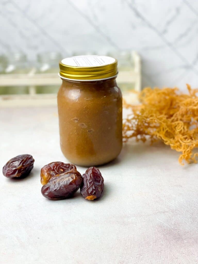 a jar of sea moss with dates that has amazing benefits