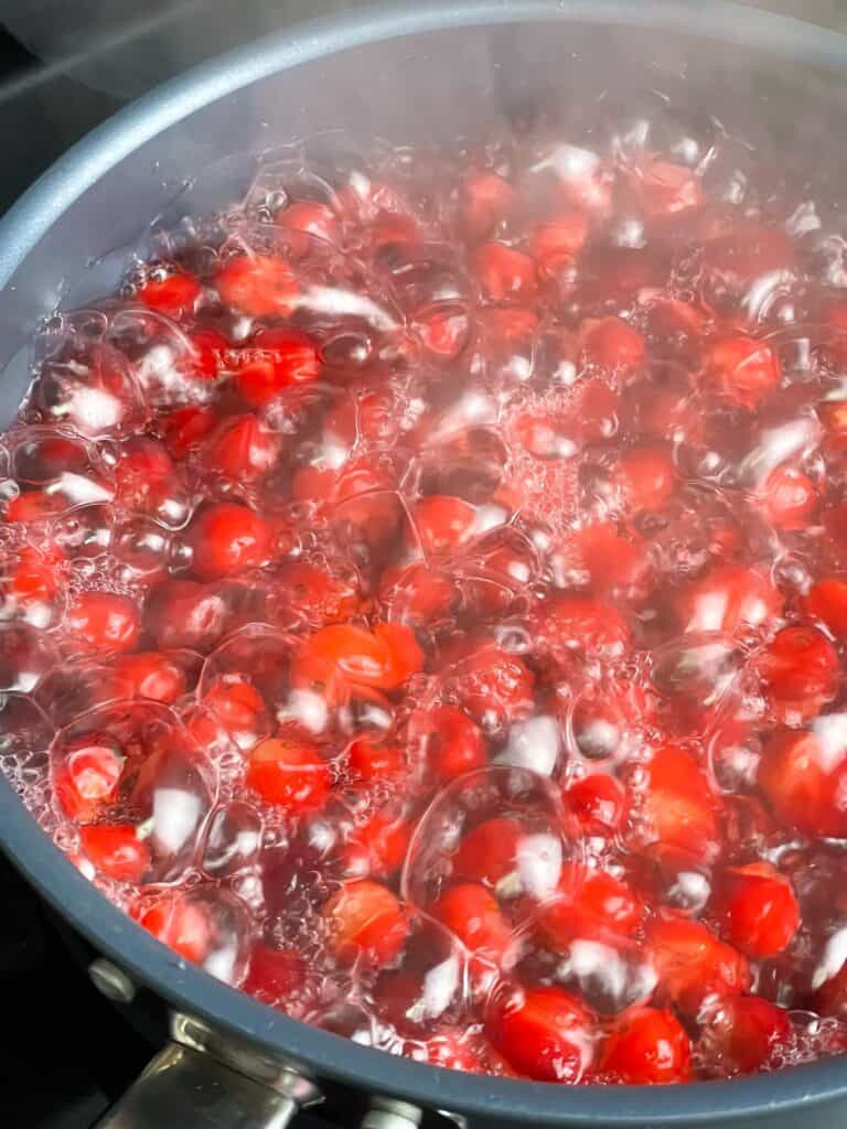 Cranberries with water in a pot on stovetop simmering on high heat.