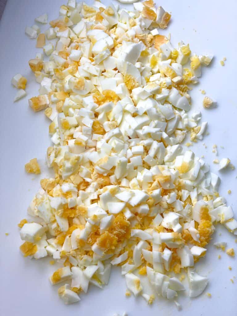 finely chopped cubes of egg yolks and egg whites.