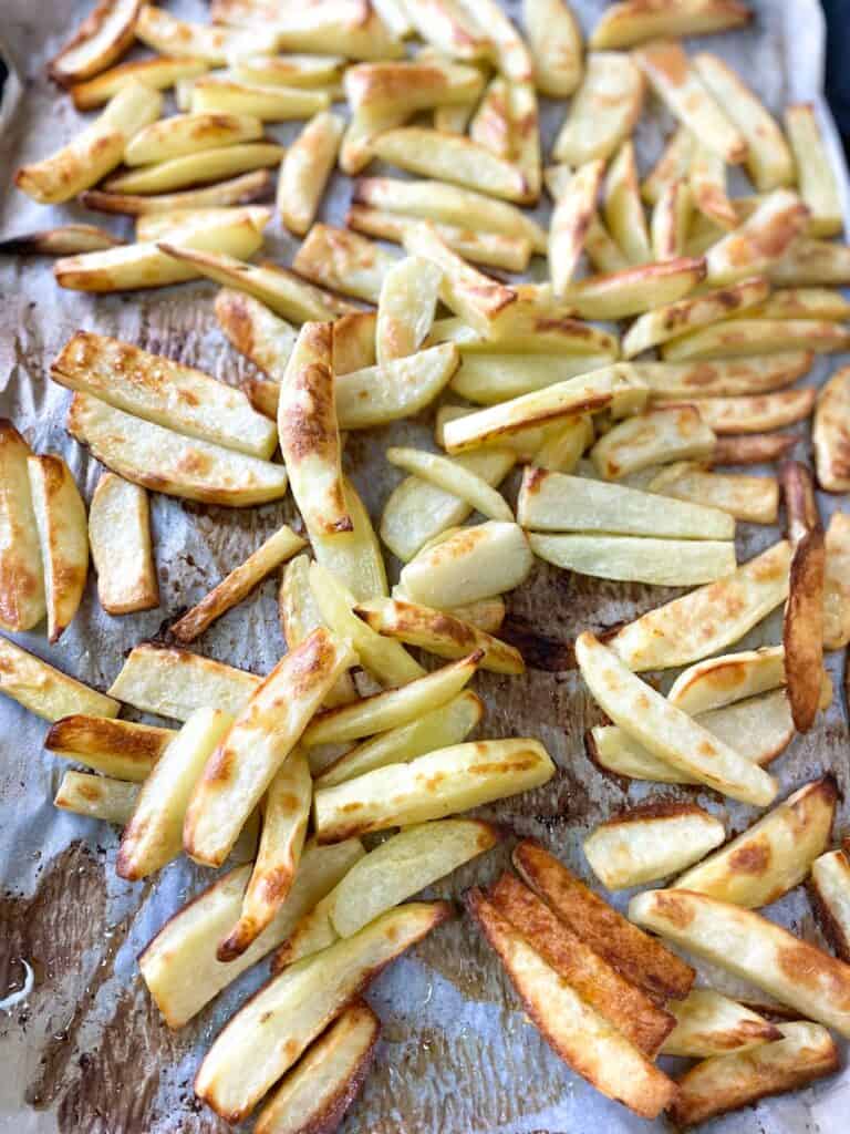 Crispy french fries with a nice golden brown color after being baked in the oven