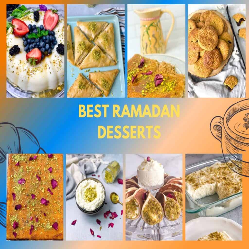 The image is a collage of some eastern dessert ideas that are generally taken in Ramadan. Some of these desserts are simple syrup, ashta, atayif, cheese and rice treat, knafeh, and many others.