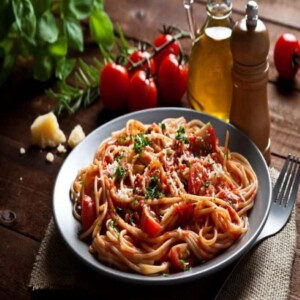 A metal plate of pasta made with kid-friendly sauce