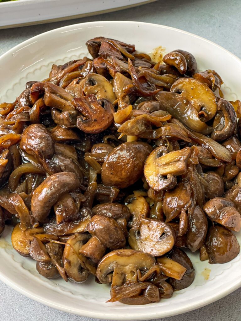 perfectly brown sautéed mushrooms with onions and soy sauce