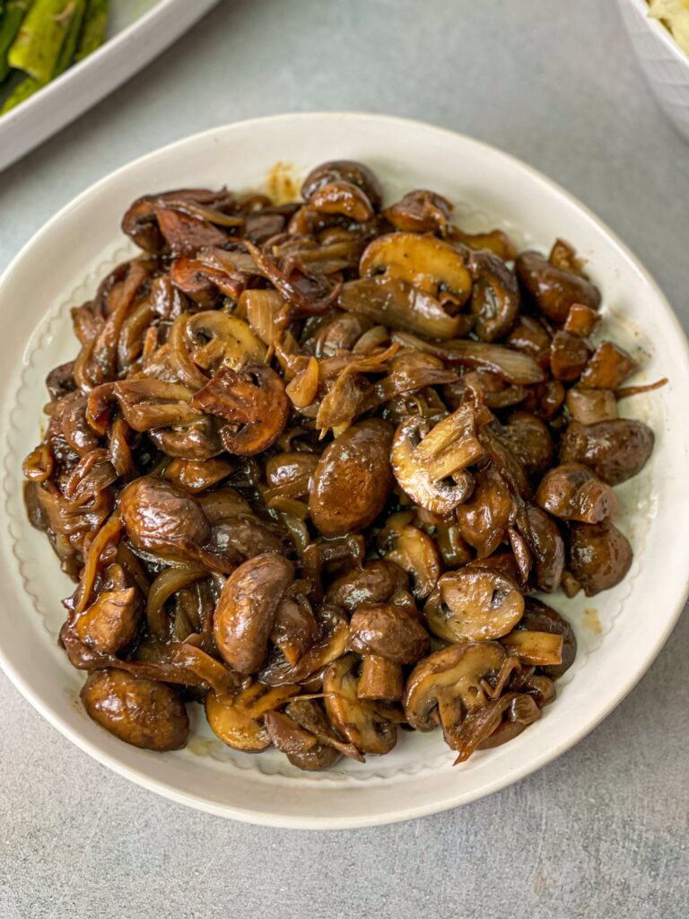 sautéed crimini mushrooms and onions ready to be served