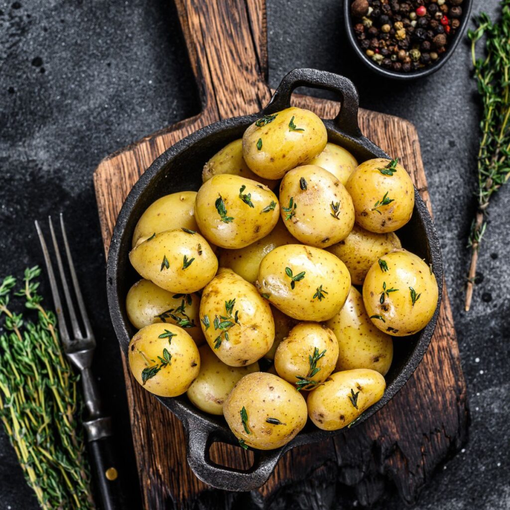 A bunch of shiny potatoes placed in a black pot topped with green herbs