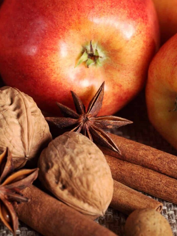 a close up view of apples, cinnamon sticks, walnuts, and anise