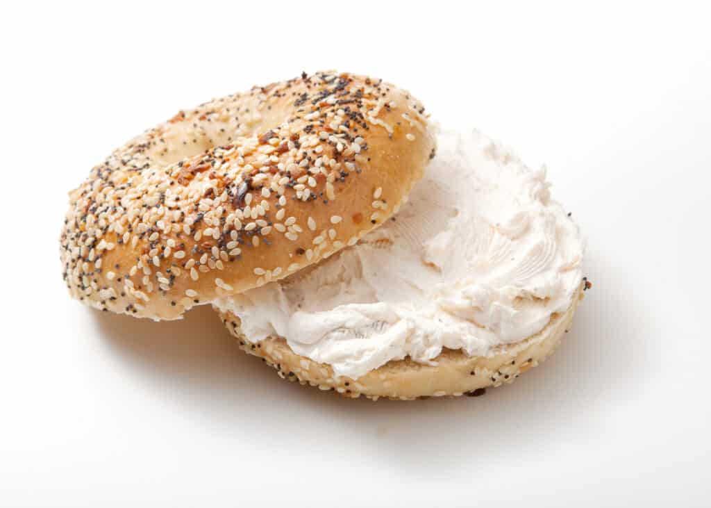 A deliciously toasted breakfast bagel filled with homemade cream cheese.