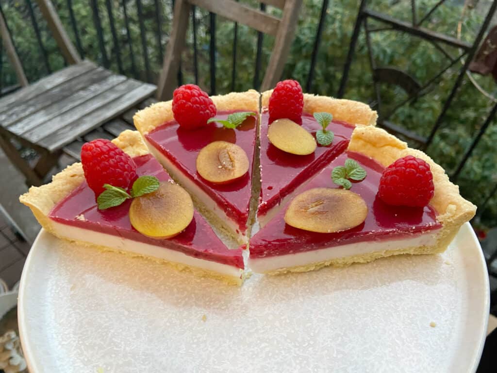 Pieces of gluten free fruit tart with lemon filling and jam topping