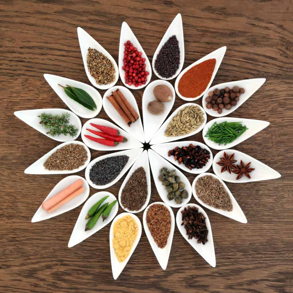 flavorful spice collection in white porcelain bowls forming an abstract wheel 
