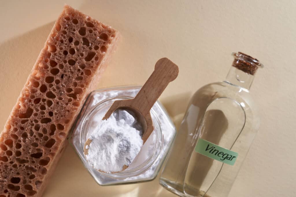 Immerse a sponge with a mix of baking soda and white vinegar to get the best cleaning results. 
