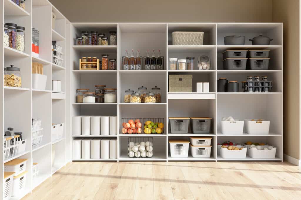 Organized Pantry Items In Storage Room With Food Staples, 