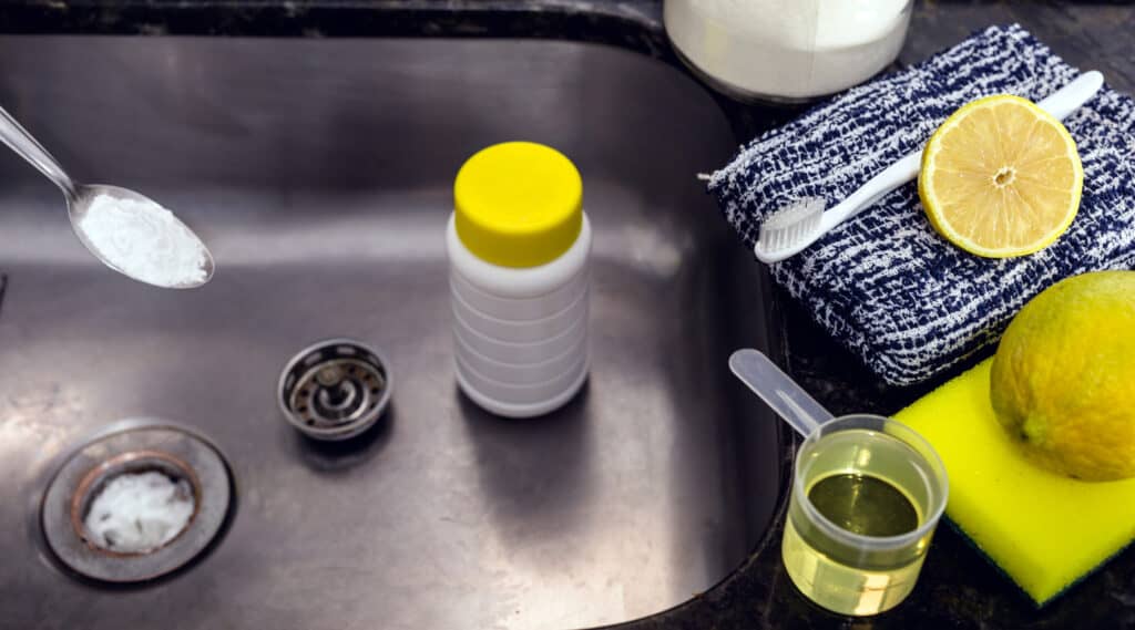 clogged kitchen sink, dirty pipe being cleaned at home with baking soda, lemon and vinegar