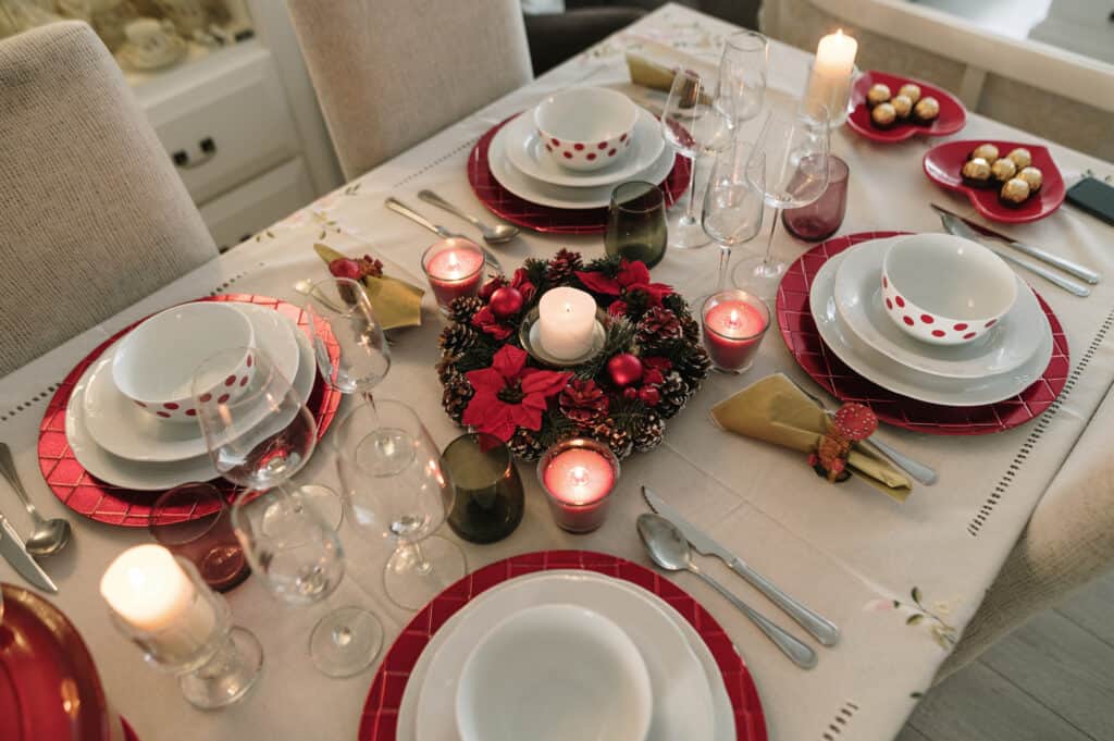 A beautiful dining table decorated for Christmas.