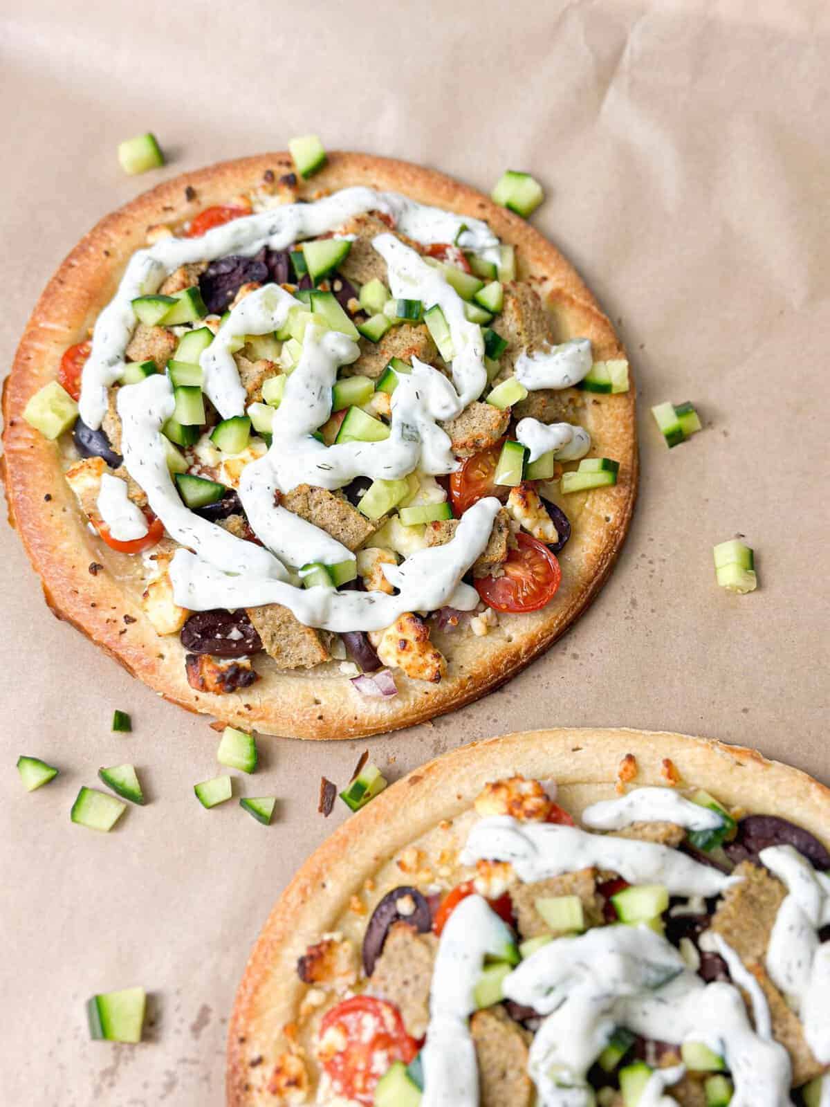 Gyro Mediterranean flatbread pizza created from scratch with cherry tomatoes, olives, feta, gyro meat, and more.