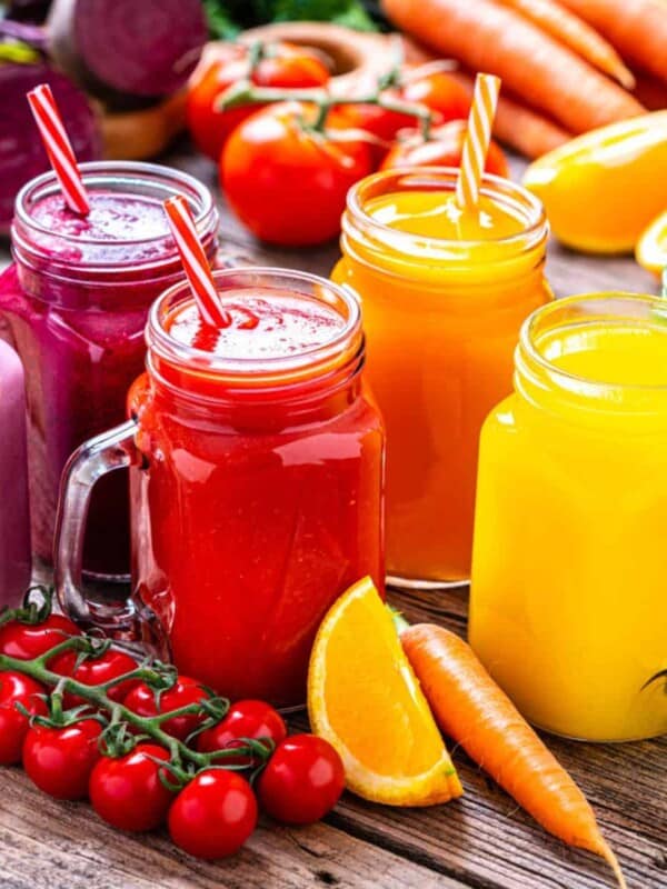 many shapes and sizes of mason jars filled with a variety of foods, juices, fruits, dried nuts, herbs, and spices