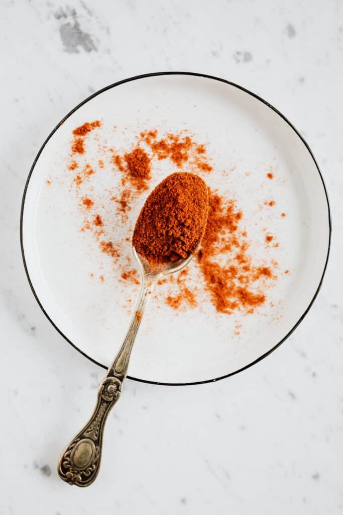  A spoonful of chili seasoning over white plate.