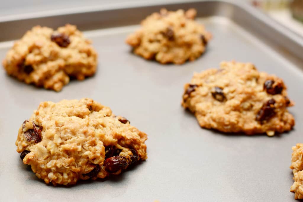 Closeup of freshly baked oatmeal raisin cookies