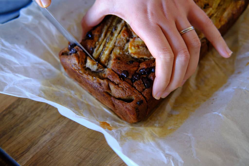 slice the gluten-free oat banana bread and enjoy the incredible taste.